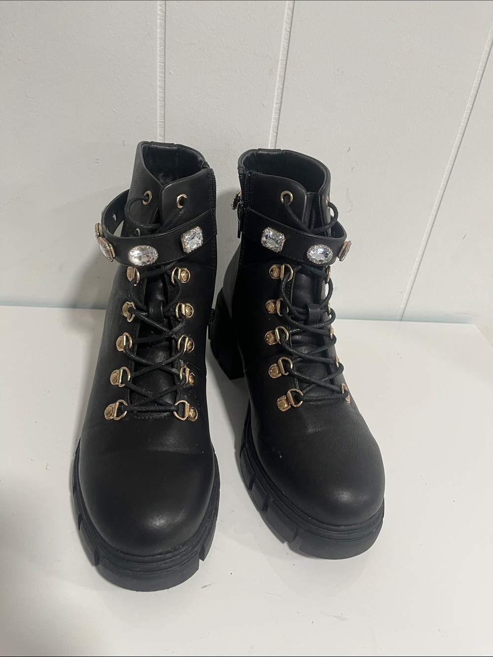 Altar’d State Combat Boots Women 8.5 Black‎ Gold Hardware Rhinestone Lug moto